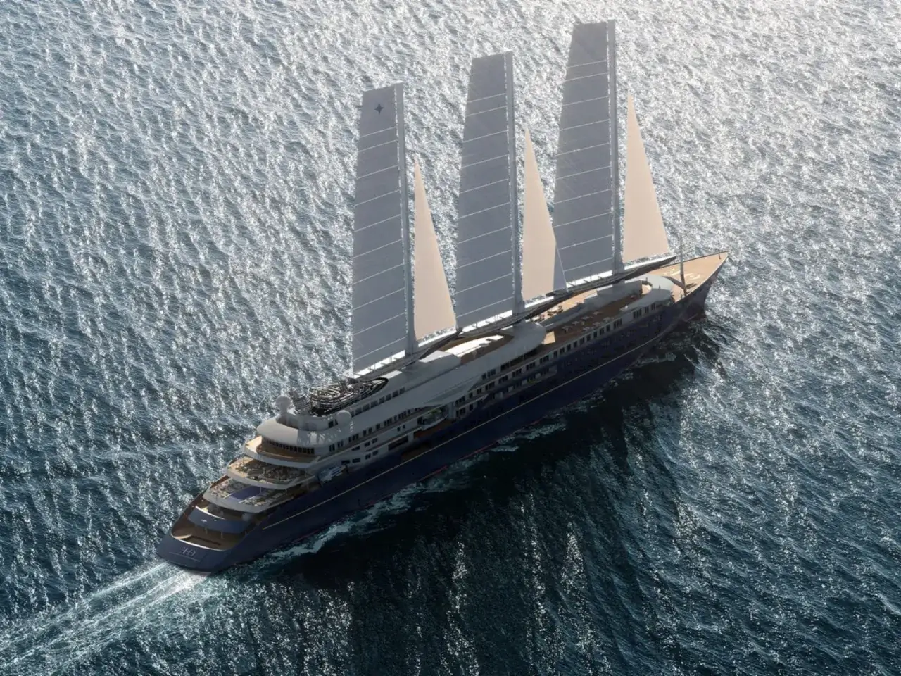 Un luxueux paquebot à voile navigue sur une mer scintillante, ses voiles immenses captant la lumière du soleil.