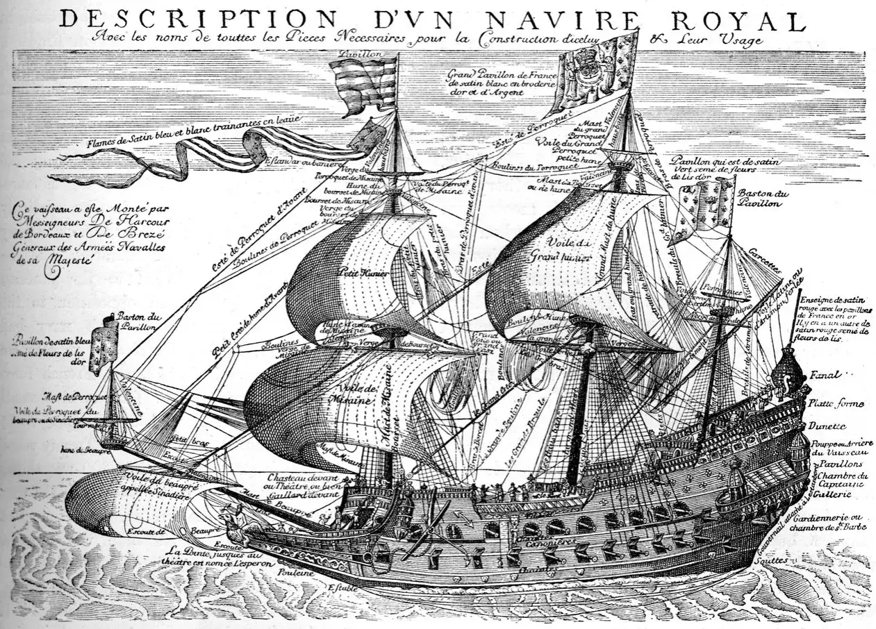 Gravure d'un bateau 17eme siecle, un navire royal majestueux avec ses voiles gonfl&eacute;es et ses nombreux d&eacute;tails architecturaux.