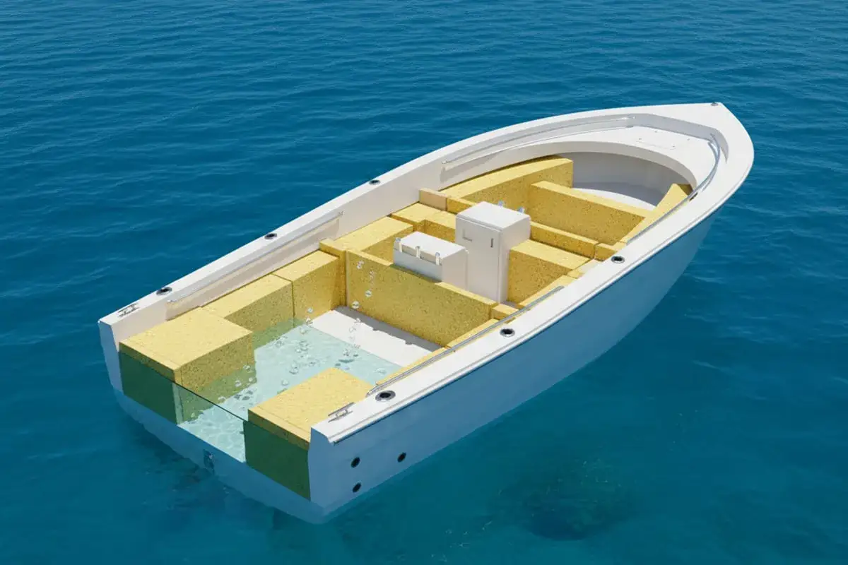 Vue en coupe d'un voilier insubmersible, révélant sa structure interne en mousse jaune et des compartiments remplis d'eau.