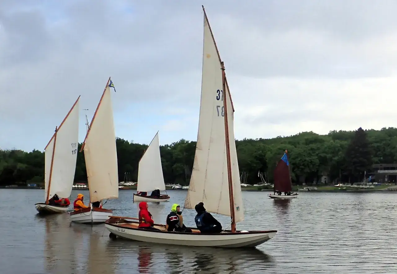 Plusieurs voiles-aviron modernes naviguent sur un lac, avec des équipages en gilets de sauvetage colorés.