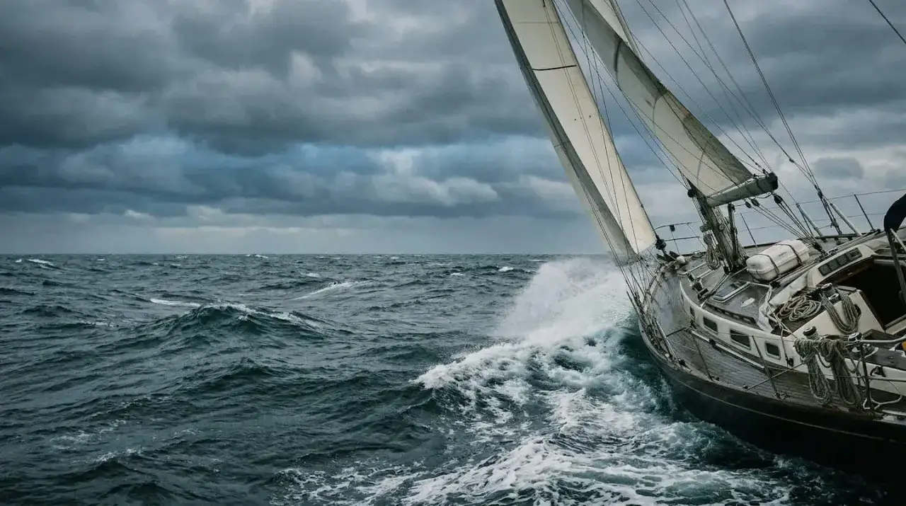 Un voilier fend les vagues sous un ciel menaçant. La proue découpe l'écume, le vent gonfle les voiles.