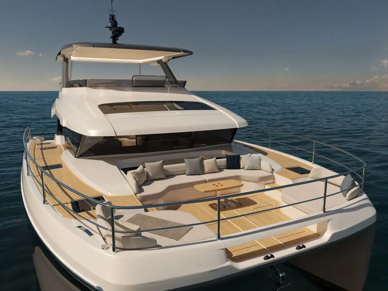 Un luxueux catamaran sans voile, prêt pour une croisière paisible sur une mer calme.