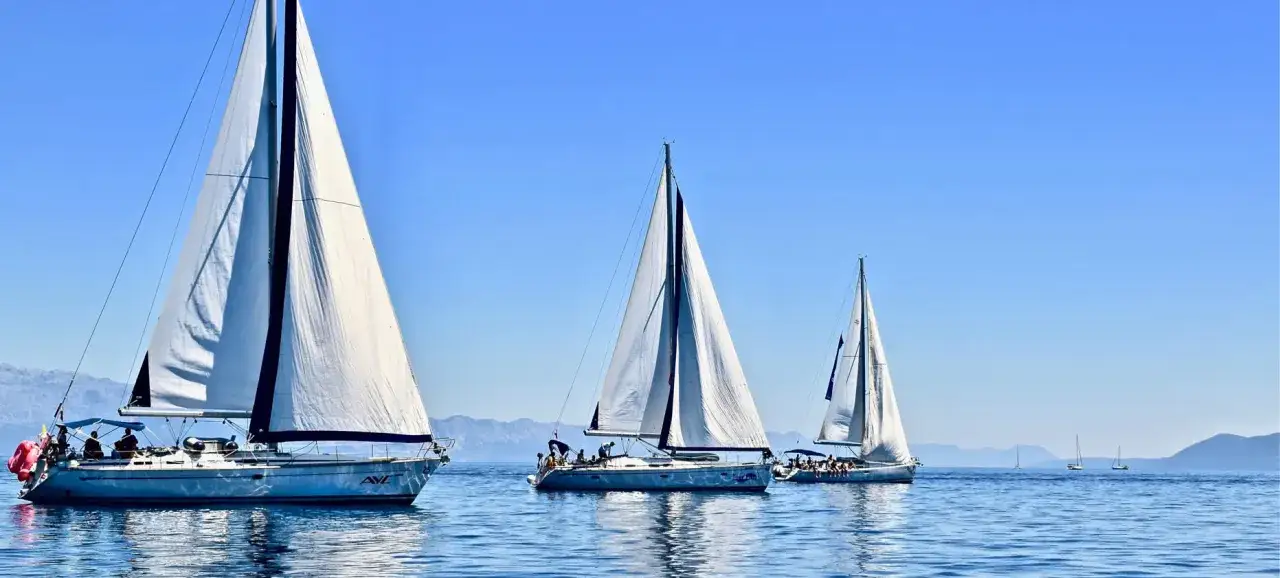 Trois voiliers blancs naviguent sur une mer bleue sous un ciel clair. Le foc est bien visible sur le voilier de gauche.