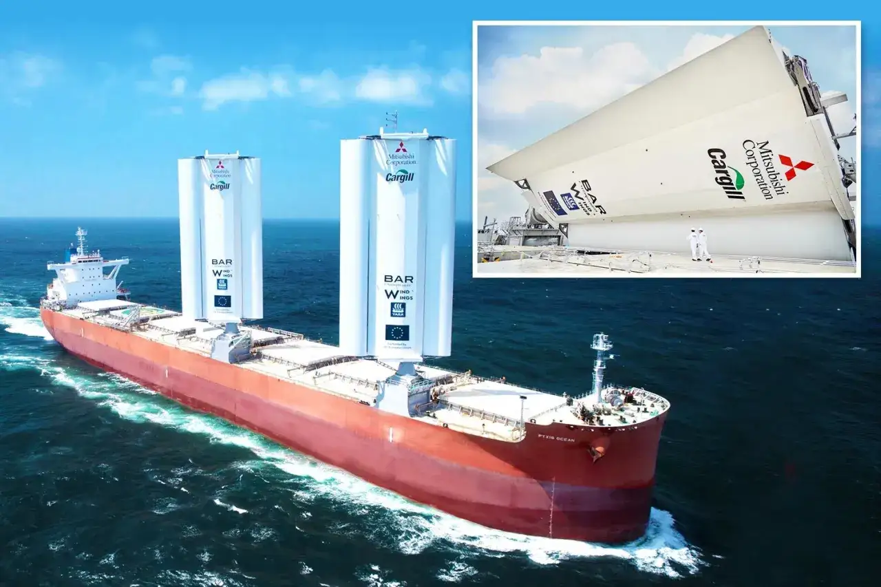 Bateau cargo avec une canopée de voiles éoliennes innovantes, naviguant sur une mer bleue.