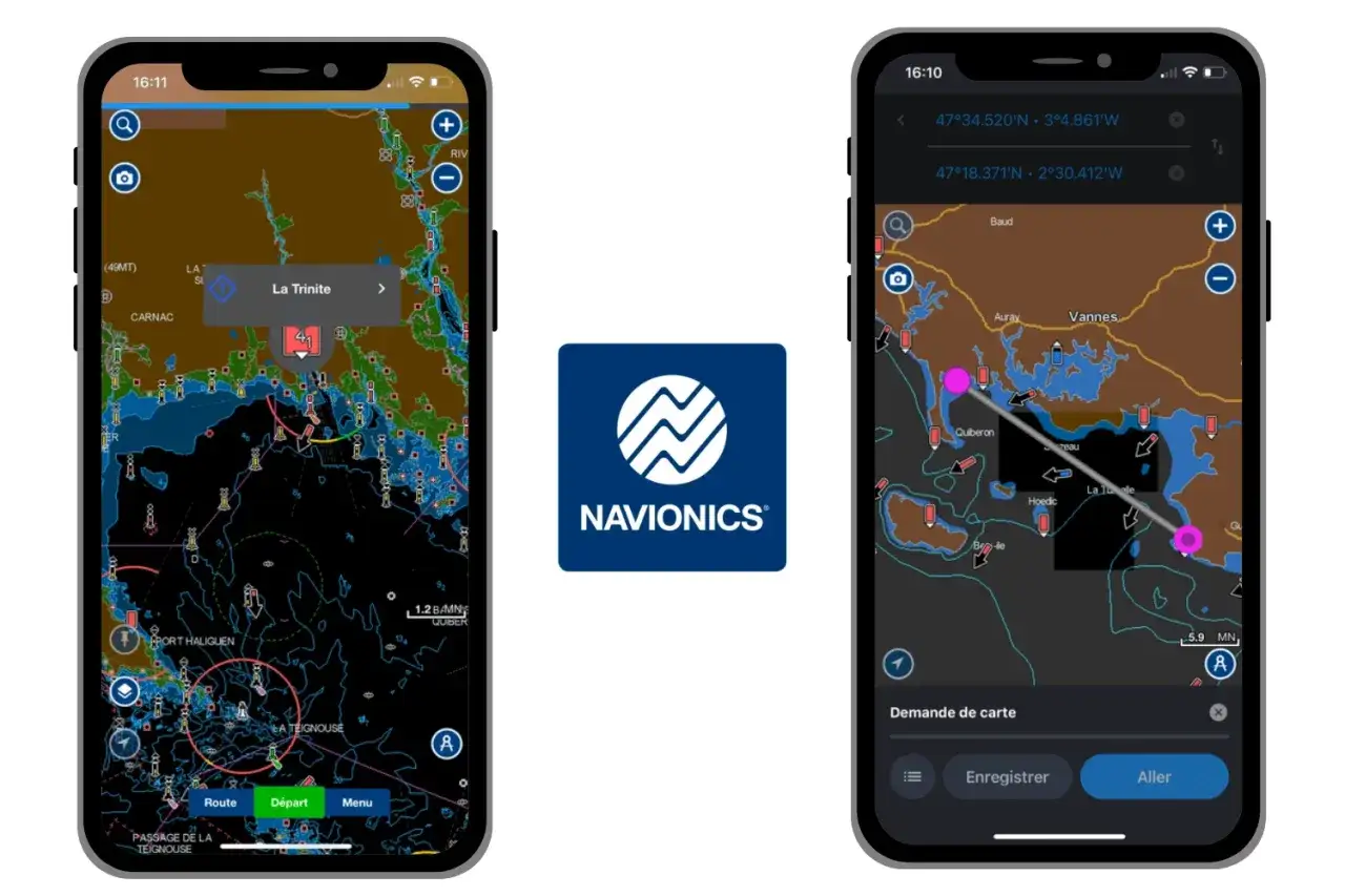 Deux iPhones affichant des cartes marines Navionics. L'un montre la côte bretonne, l'autre une route vers Quiberon. Nav and co.