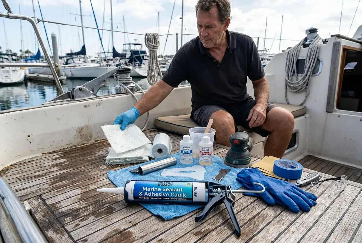 Un homme prépare des matériaux pour la peinture époxy bateau polyester. Fibre de verre, résine, durcisseur et mastic sont prêts sur le pont.