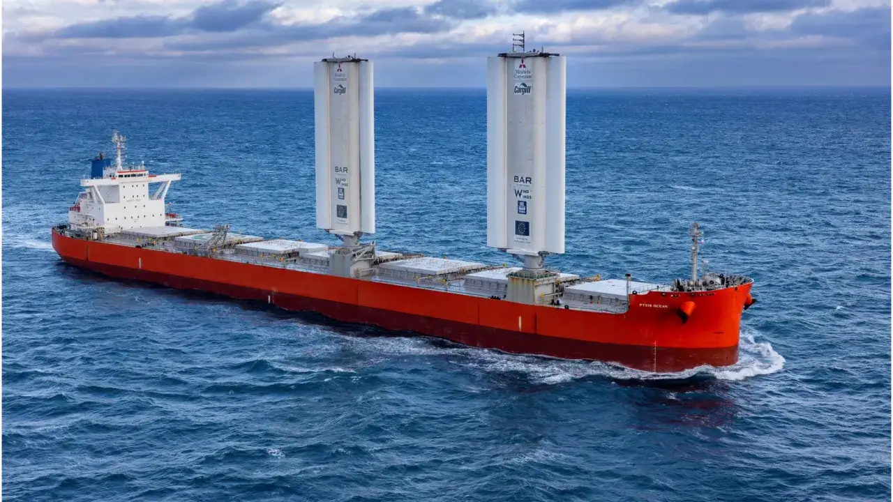 Un porte-conteneurs &agrave; voile futuriste navigue sur une mer agit&eacute;e, ses deux grandes voiles verticales blanches captant le vent.