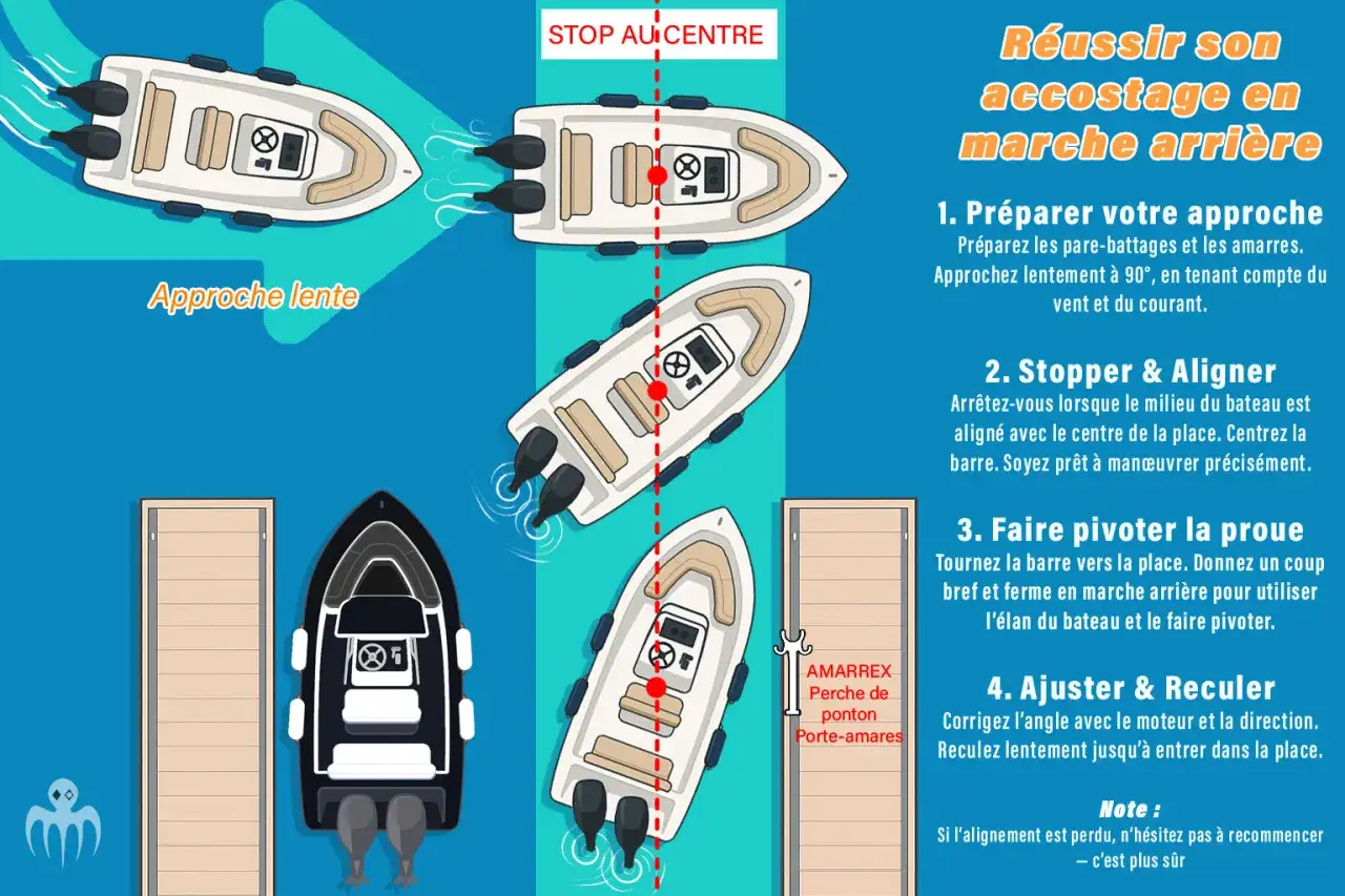 Illustration montrant les étapes pour réussir un accostage en marche arrière, une manœuvre délicate pour tout bateau.