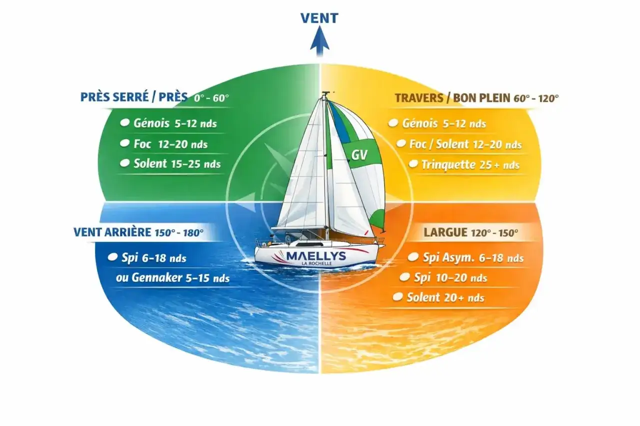 Schéma de voilier montrant les voiles adaptées à chaque allure : près serré, travers, vent arrière, largue. Le solent est recommandé pour le près serré par vent fort.