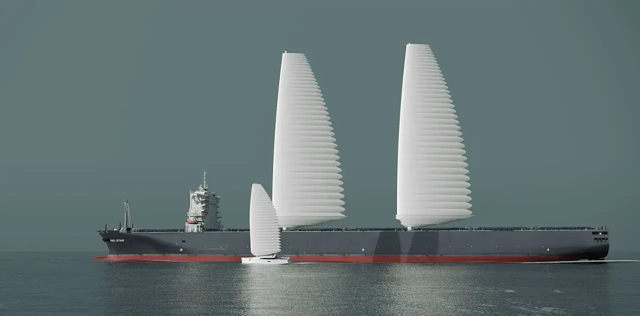 Un cargo futuriste navigue avec deux immenses voiles Michelin, symboles d'une nouvelle &egrave;re de navigation &eacute;co-responsable.