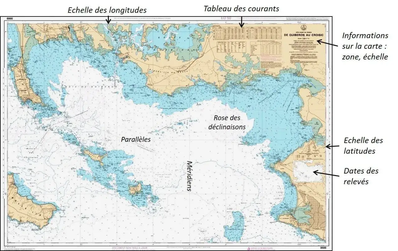 Carte marine gratuite de la côte de Quiberon au Croisic, avec échelles, rose des vents et informations de navigation.
