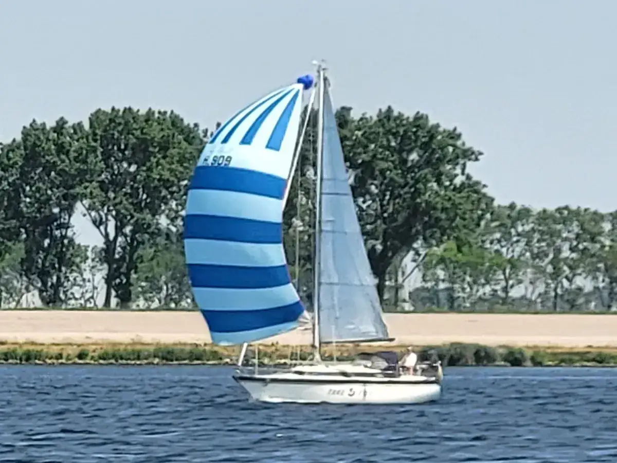 Voilier Dufour 31 naviguant sur l'eau, spi rayé bleu et blanc. Fiche technique à consulter pour plus de détails.