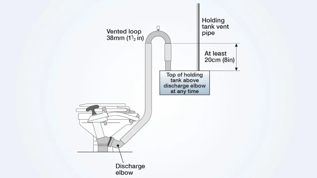 Schéma du wc marin : boucle ventilée, tuyau d'évacuation du réservoir, et le réservoir doit être plus haut que le coude de décharge.