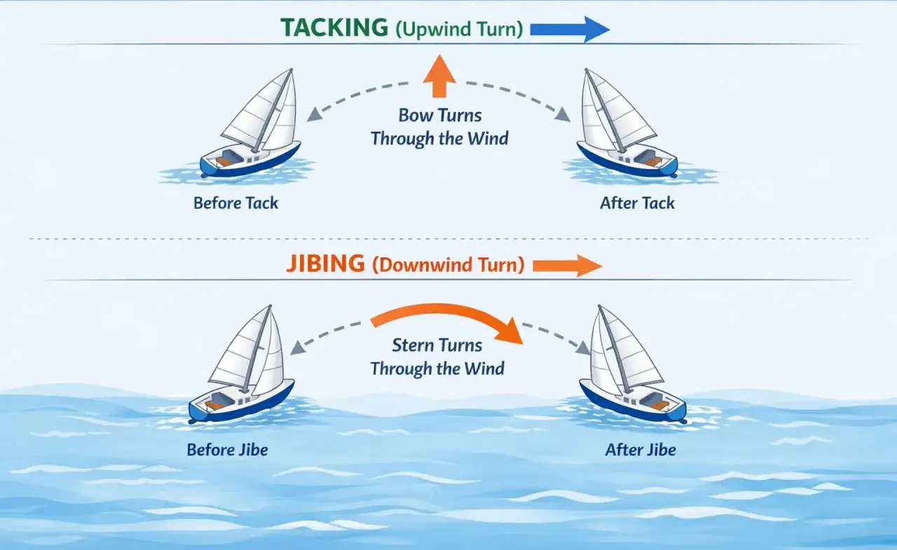 Illustration du vocabulaire voile : virage au près (tacking) et virage au largue (jibing).