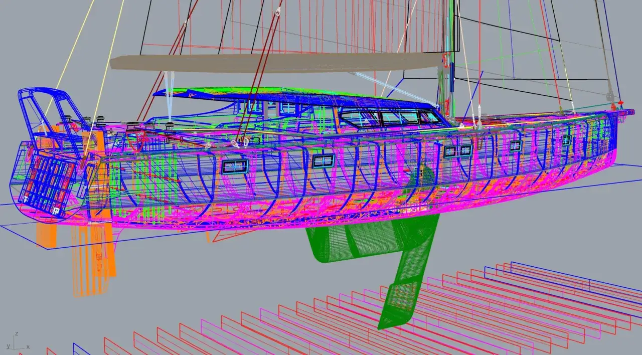 Modélisation 3D d'un voilier aux lignes complexes, œuvre de Gilles Vaton. Les différentes couleurs représentent les éléments structurels et les finitions.