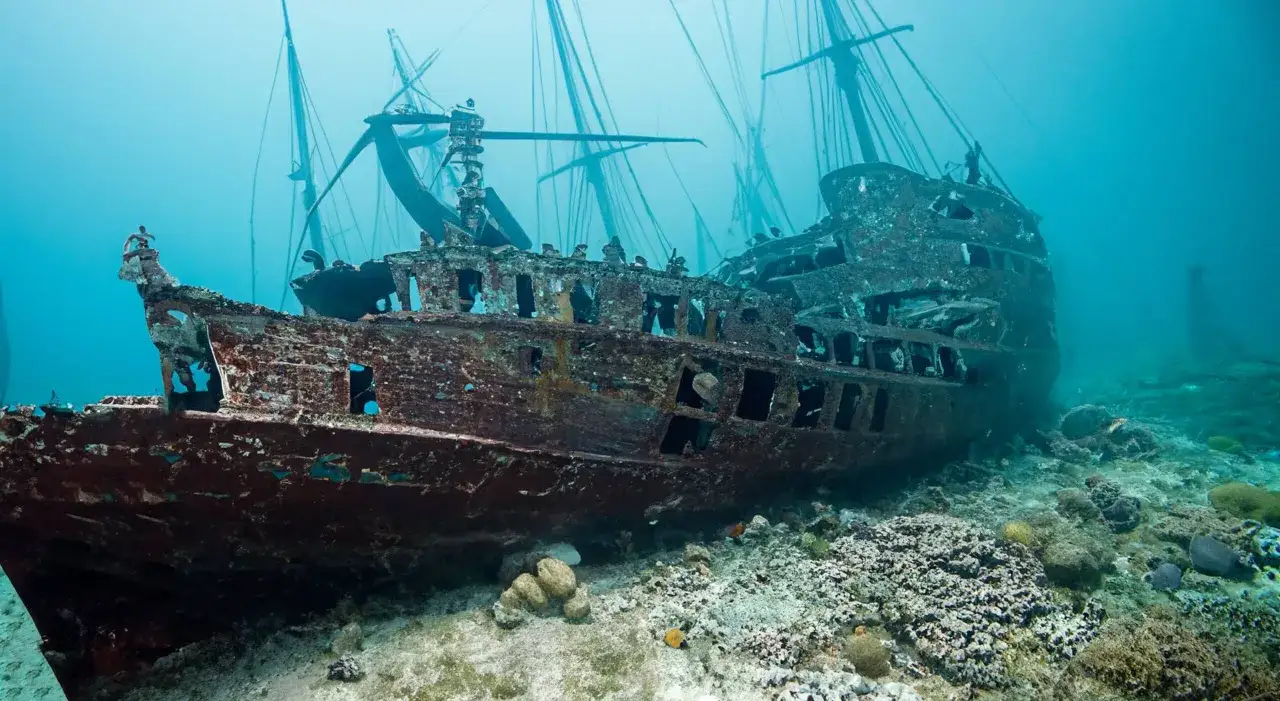 Épave d'un vieux bateau coulé, ses mâts fantomatiques se dressant dans les eaux bleues. Des coraux et des poissons nagent autour de ce vestige sous-marin.