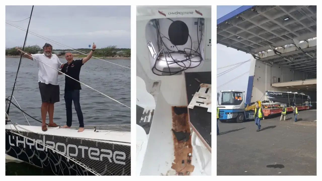 Deux hommes sur un bateau, l'intérieur d'un hydroptère 2.0, et un hydroptère 2.0 chargé sur un ferry.